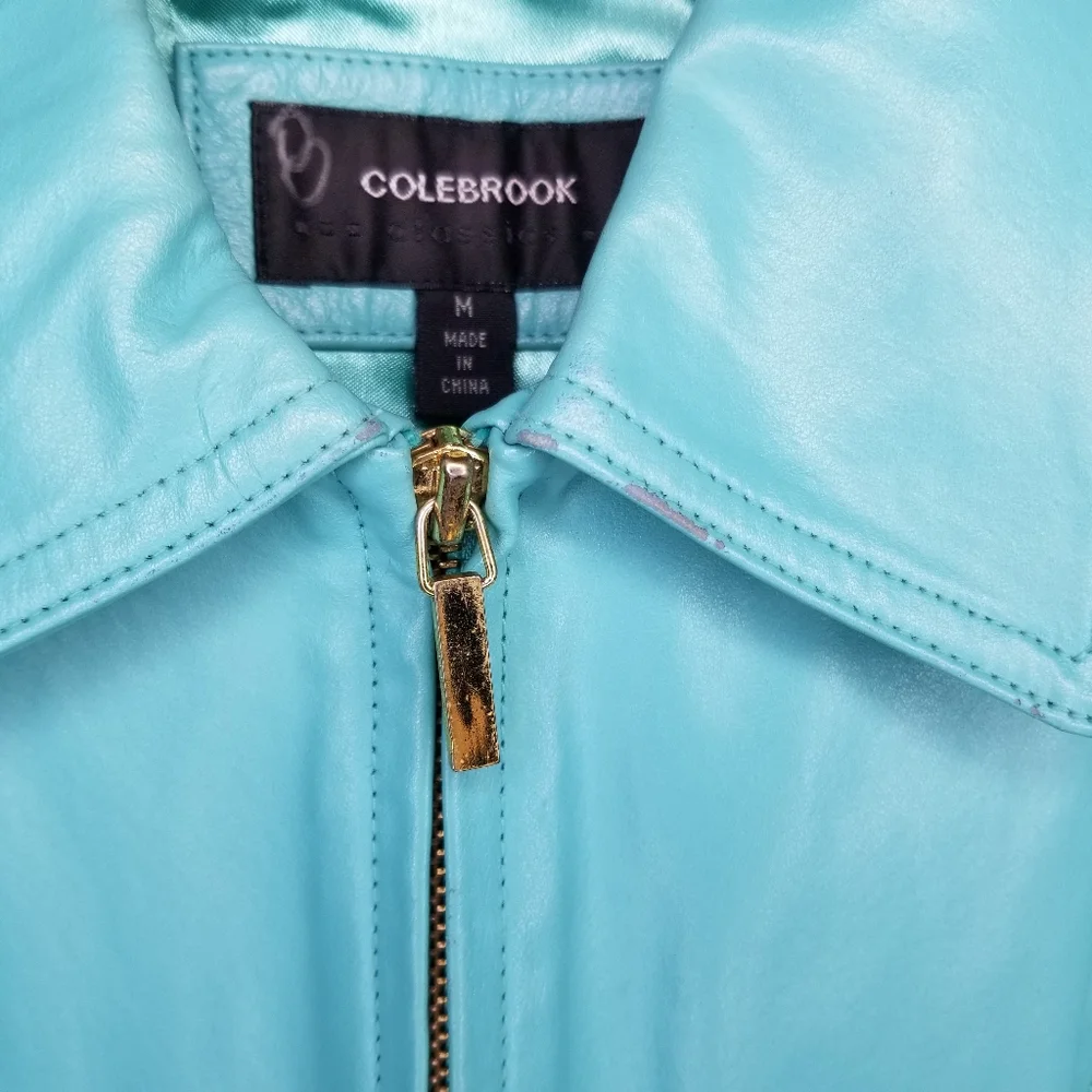 •SOLD• 90s Y2K turquoise leather jacket zip front fitted Colebrook M - Picture 3 of 6